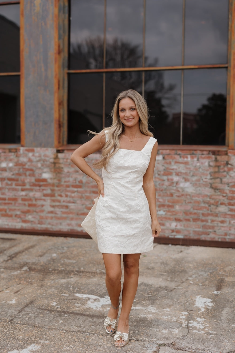 Susan White Jacquard Back Bow Mini Dress Studio 3:19 Susan White Jacquard Back Bow Mini Dress Studio 3:19