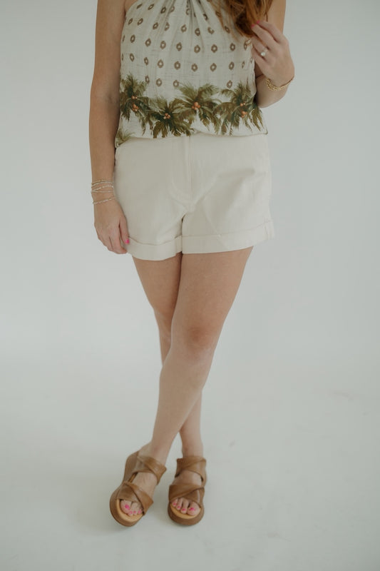 Cream Twill Denim Cuff Shorts