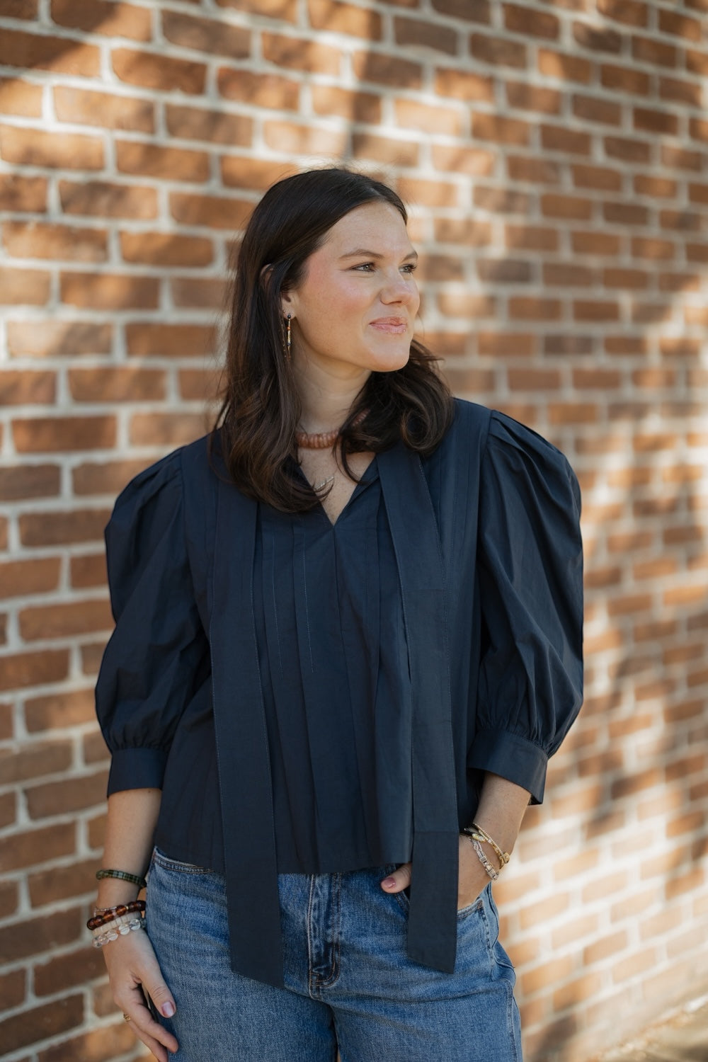 Isabella Navy Tuck Front Blouse
