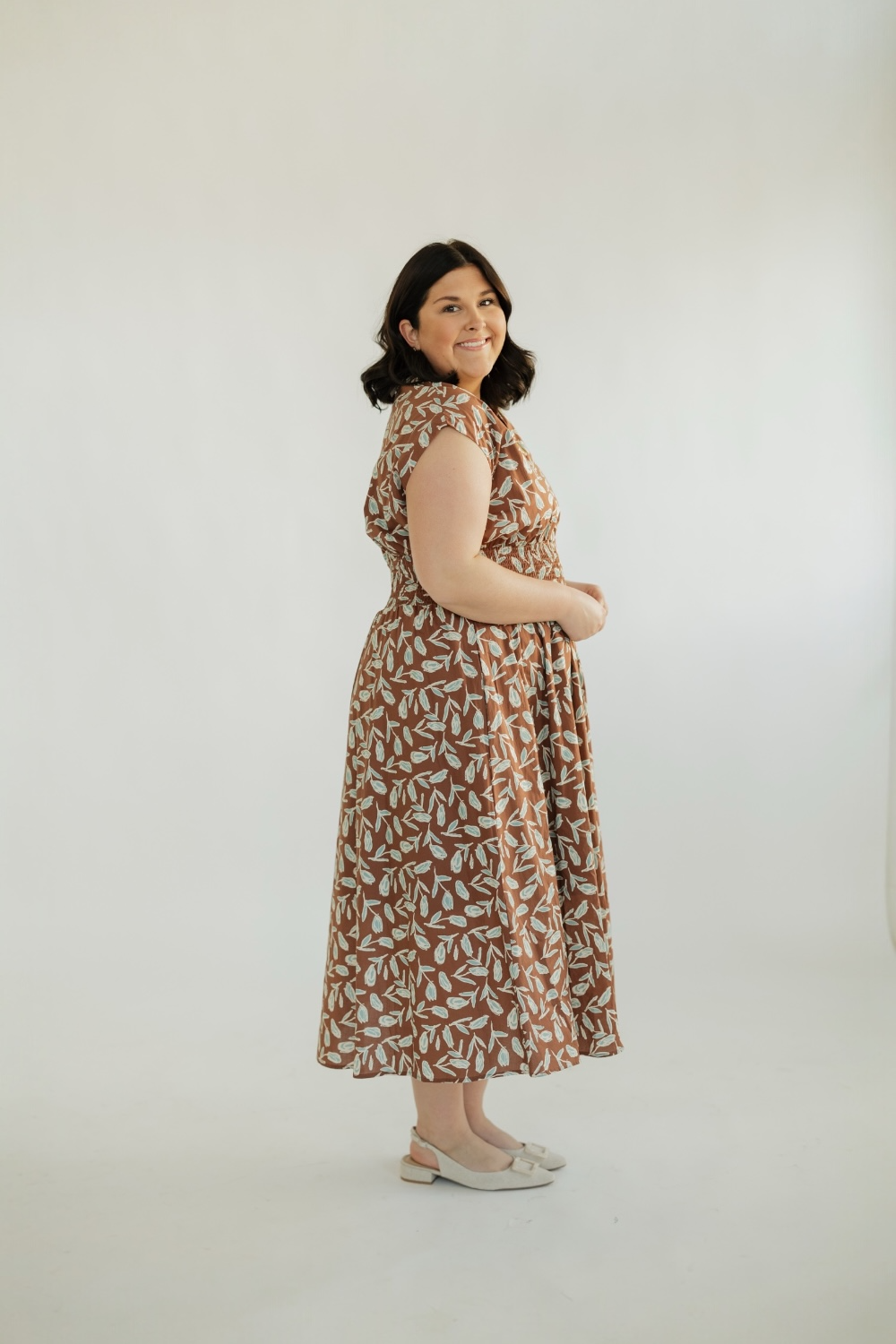 Syd Cinnamon Smocked Waist Zip Front Midi Dress (S-2XL)