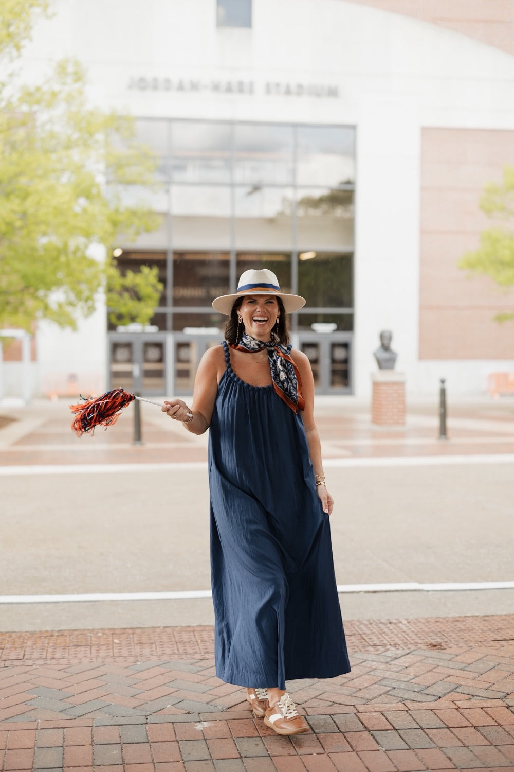 Navy Ball Trim Neckline Midi Dress