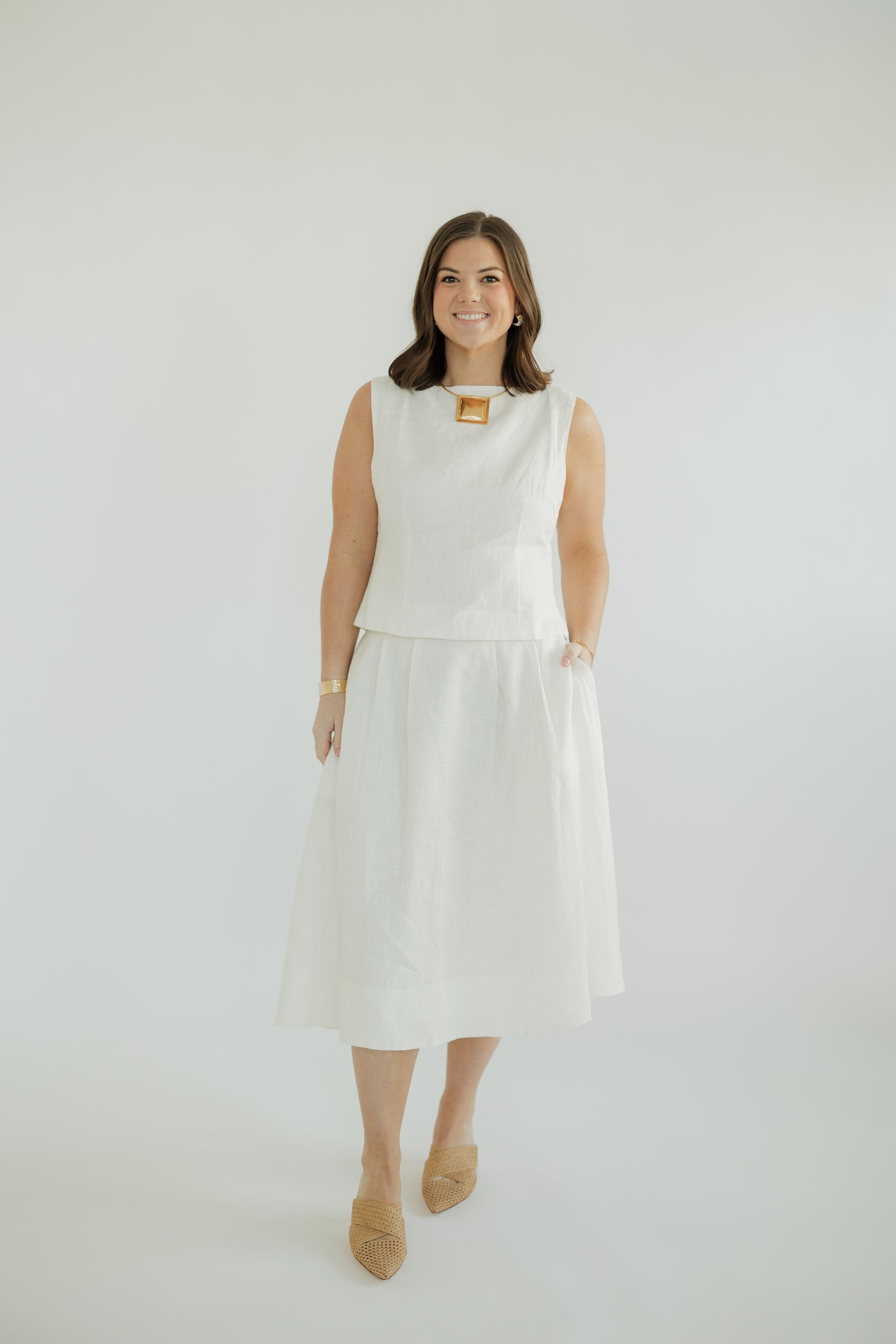 Fiona Off White Linen Pleated Midi Skirt