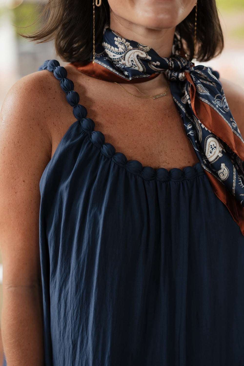 Navy Ball Trim Neckline Midi Dress