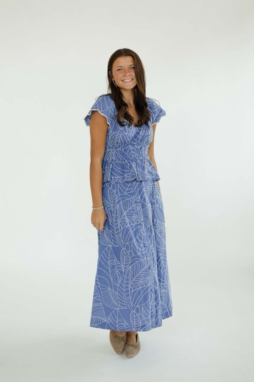 Blue Embroidered Flutter Sleeve Top