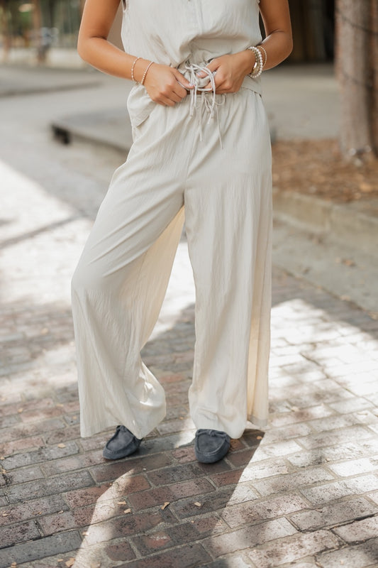 Beige Wide Leg Drawstring Pant