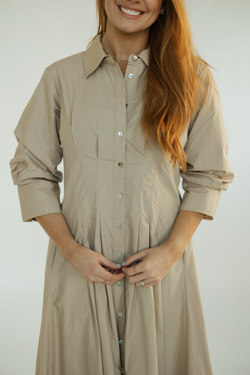 Dallis Oat Tuck Detailed Button Down Midi Dress