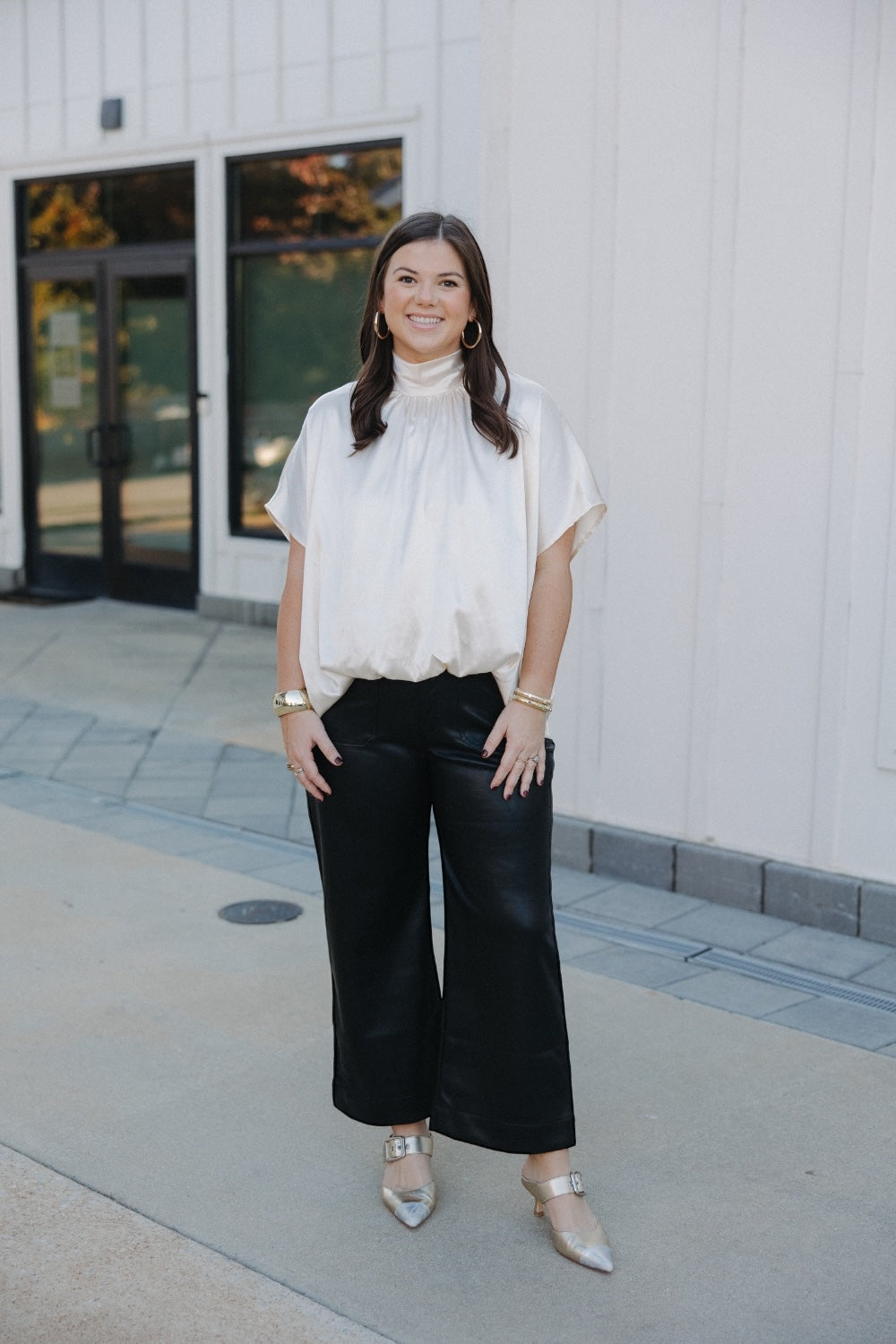 London Ivory High Tie Neck Bubble Hem Top (S-3XL)