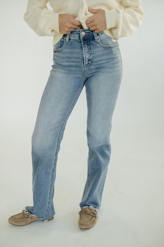 Medium Wash High Rise Raw Cut Hem Jeans by Risen