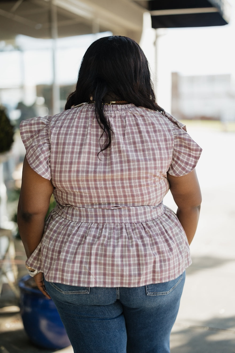 Misty Mauve Ruffle Plaid Blouse