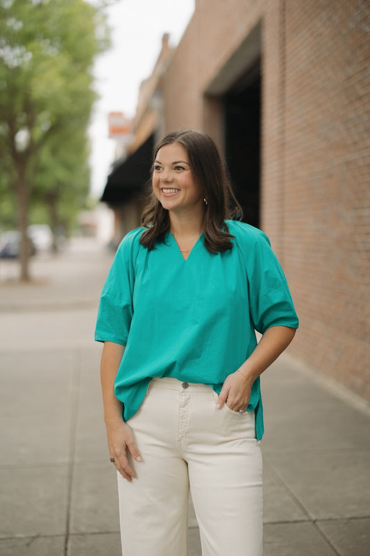 Pennie Green Poplin V-Neck Blouse