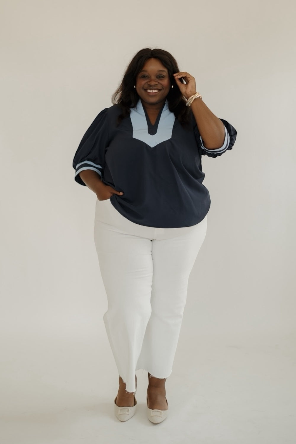 Navy Contrast Collar Top (S-2XL)