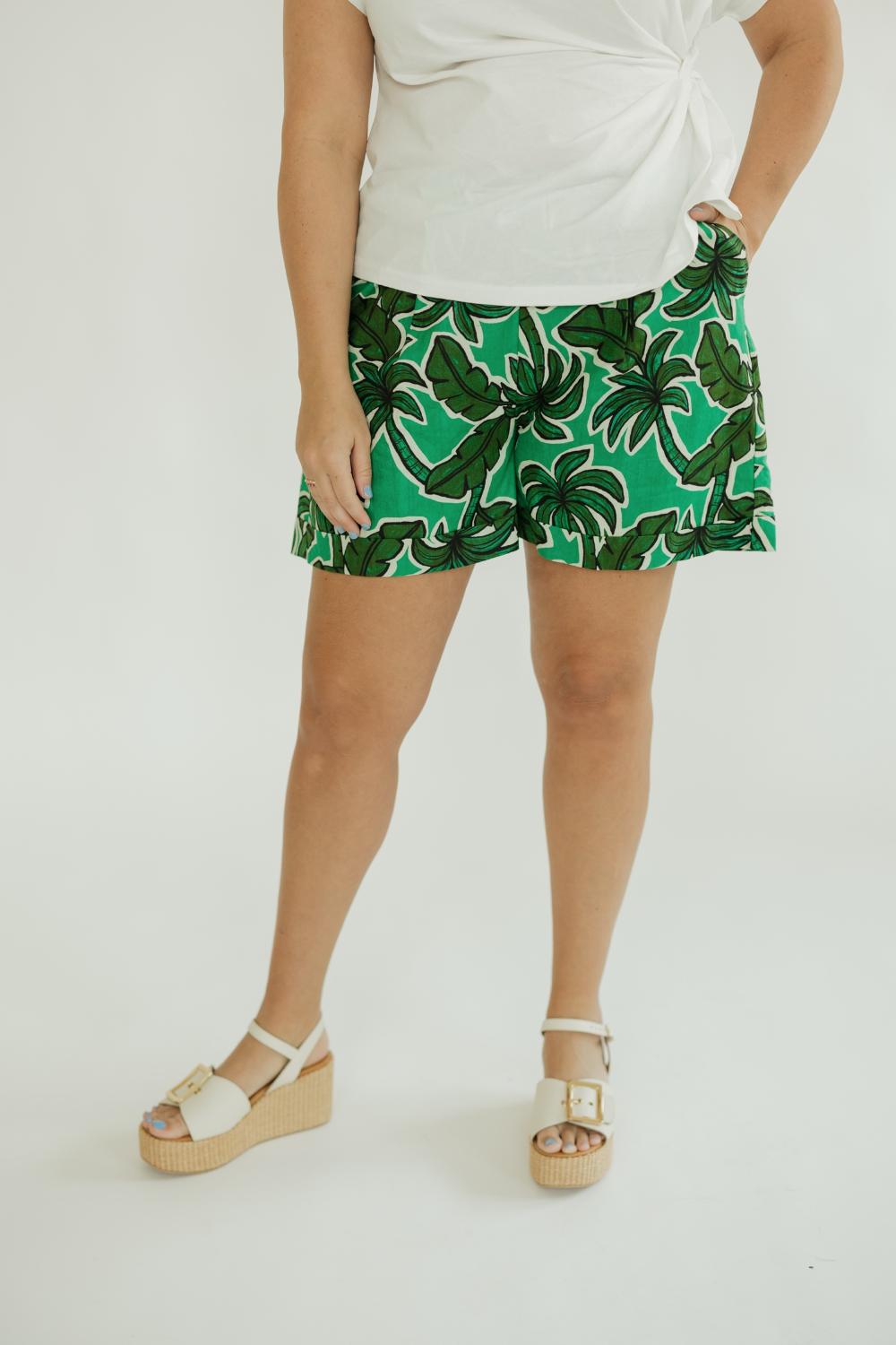 Palm Print Rolled Cuff Linen Short (XS-XL)