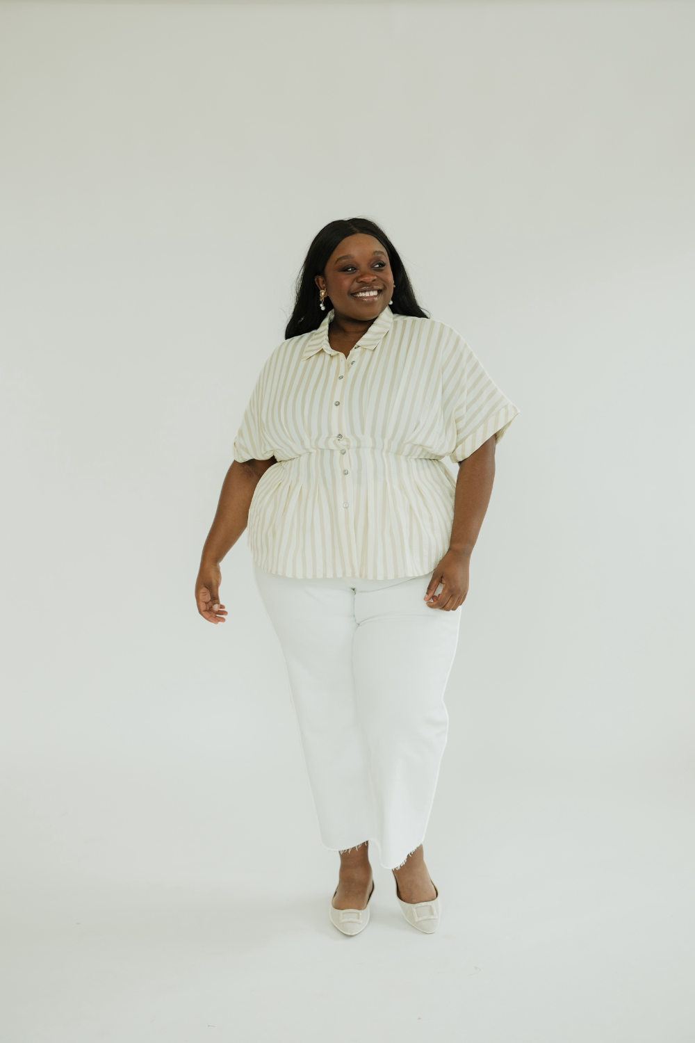 Cream Striped Pleated Waist Top (S-2XL)