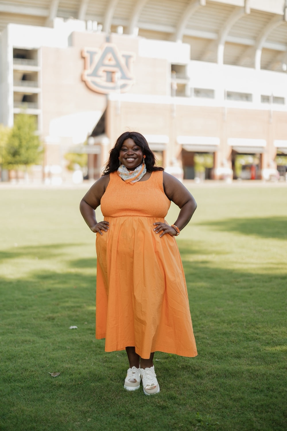 Brinley Orange Smocked Top Midi Dress (S-3XL)