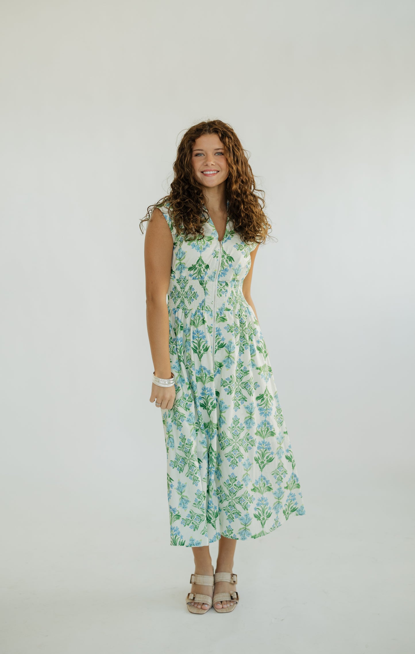 Stella Floral Zip Front Cinched Waist Midi Dress (S-2XL)