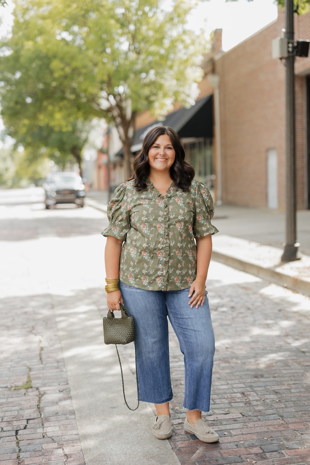 Devon Floral Olive Ruffled Neck Top