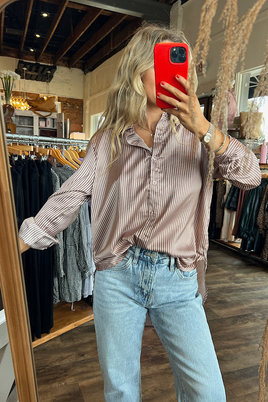 Penny Mocha Pinstripe Button Up Top