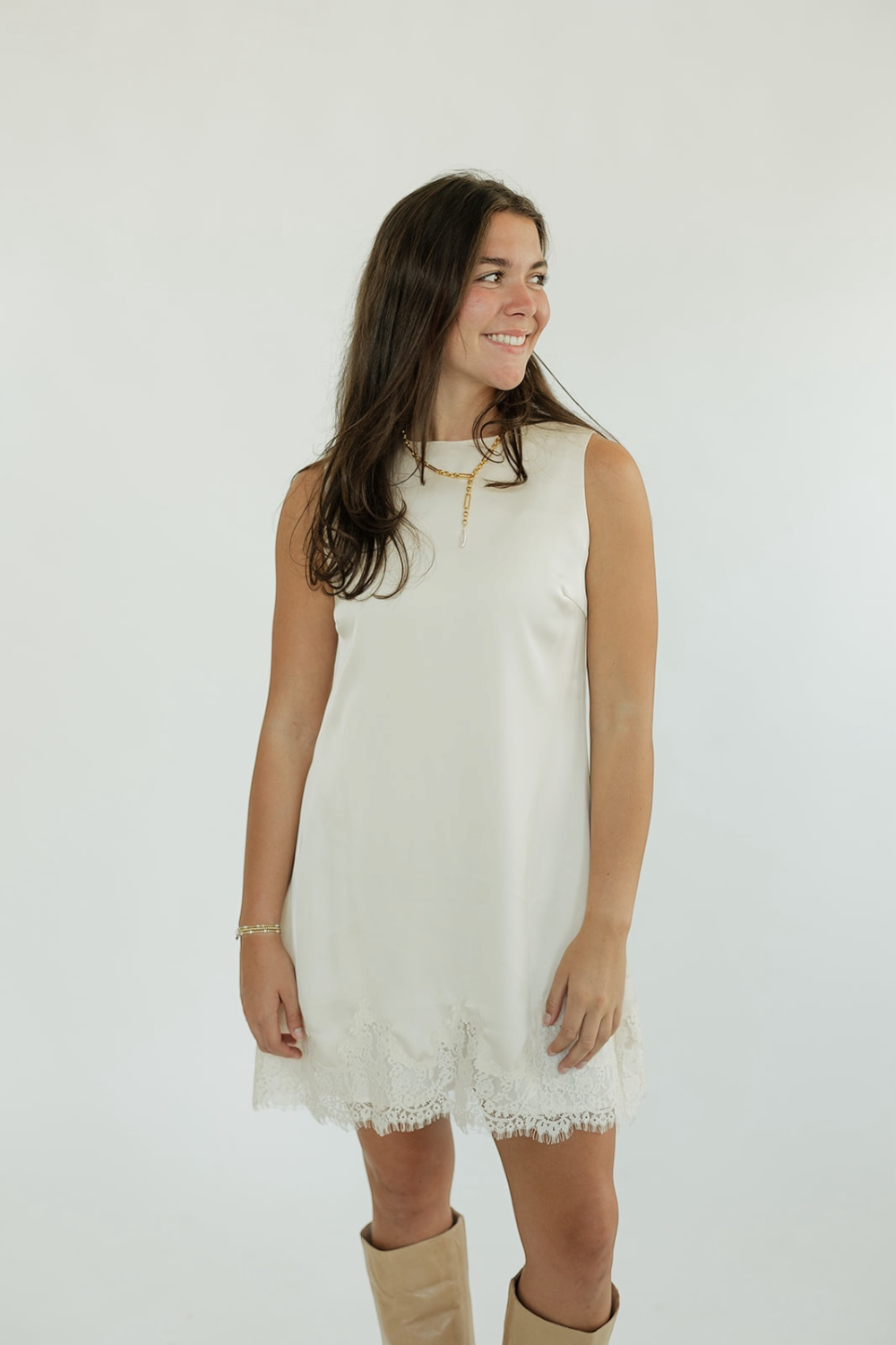 Ellis Eggshell Lace Trim Satin Midi Dress