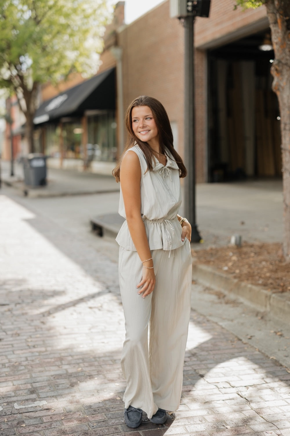 Beige Collared Zip Front Top