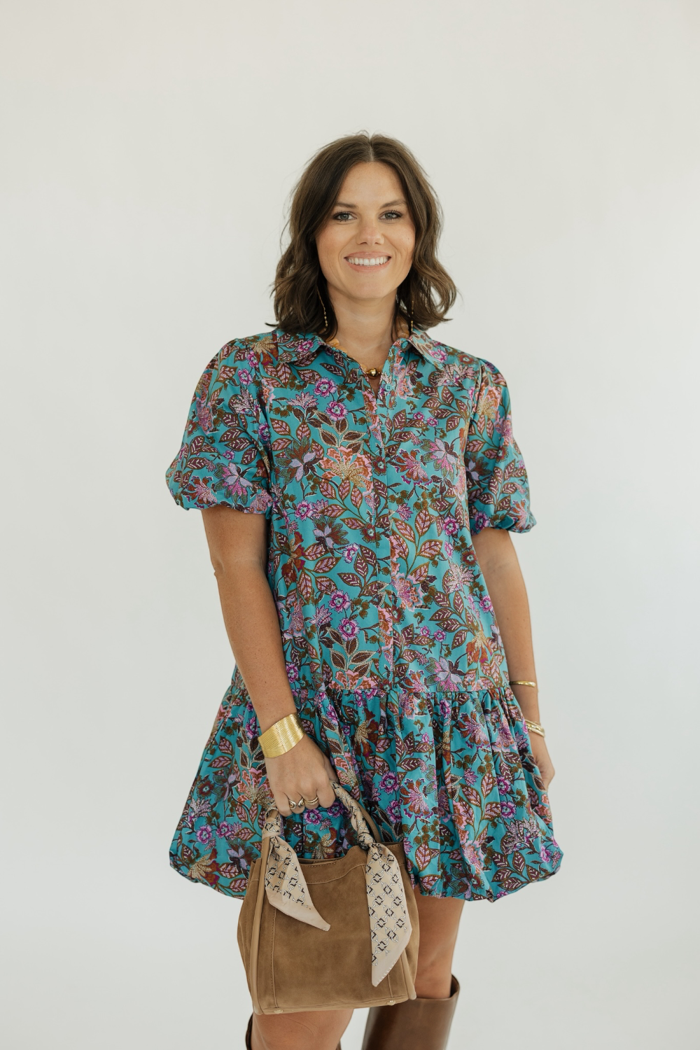 Stacci Bubble Hem Teal Floral Mini Dress (XS-3XL)