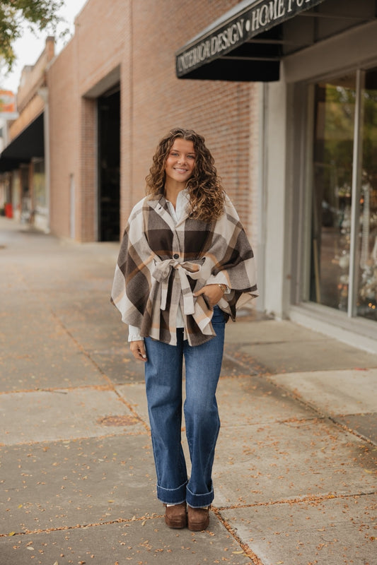 Brown Plaid Belted Wrap