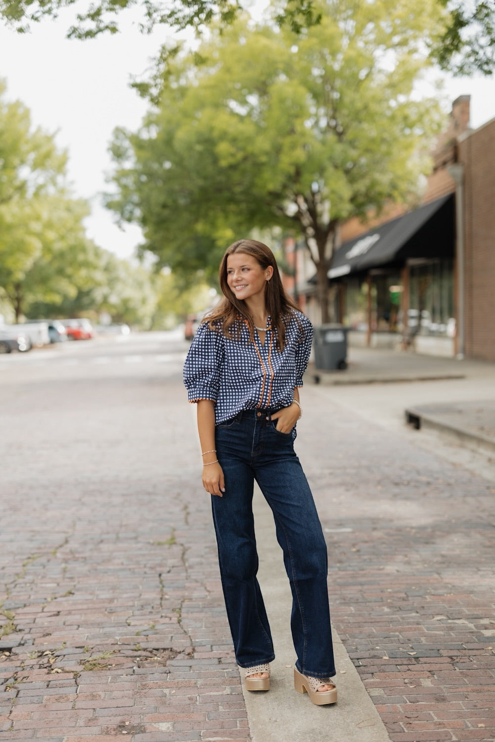 Elaine Navy Gingham Top (XS-XL)
