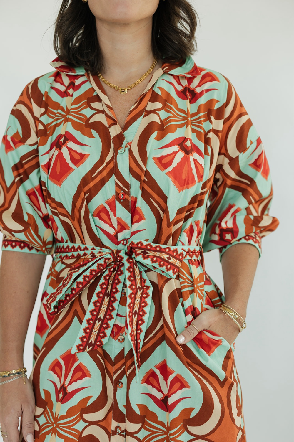 Olivia Geo Mint Shirt Midi Dress (XS-XL)