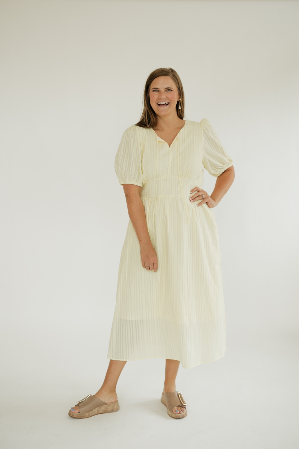 Jackie Yellow Jacquard Front Tie Detail Midi Dress