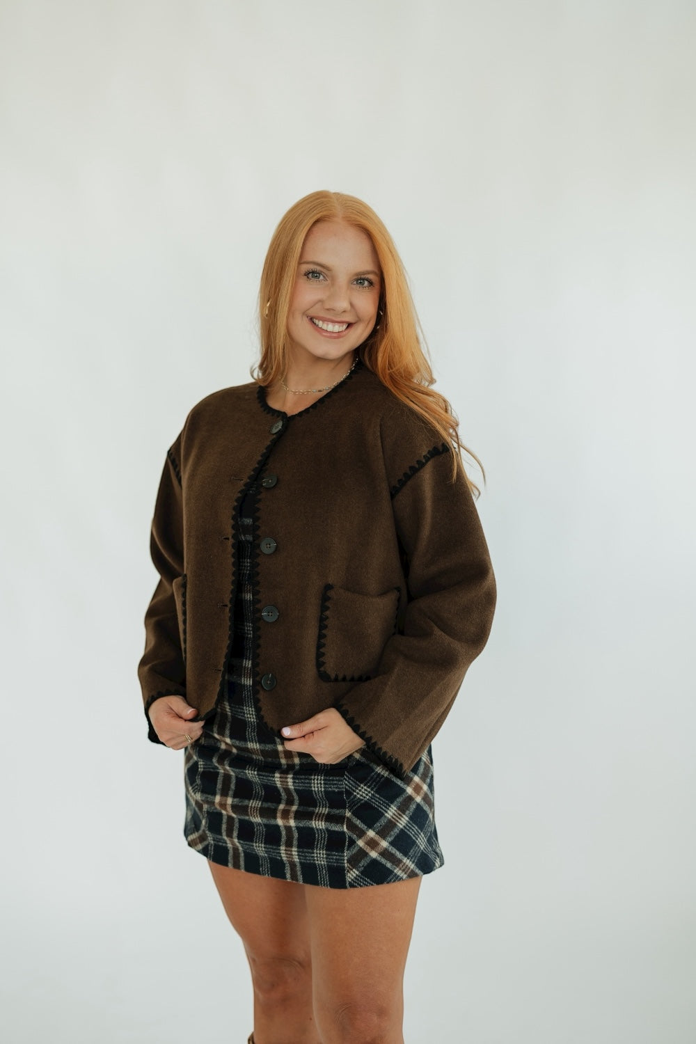 Serena Mocha Stitched Button Down Jacket
