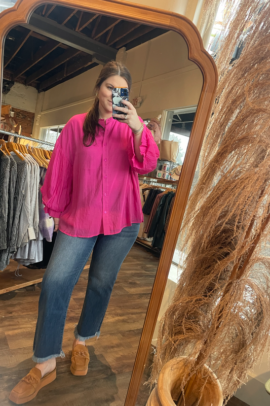 Polly Puff Sleeve Button Up in Hot Pink