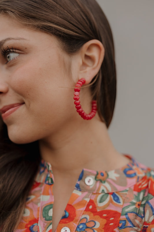Coral Semi Stone Beaded Hoops