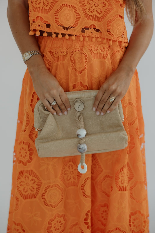 Marble Detail Raffia Pouch