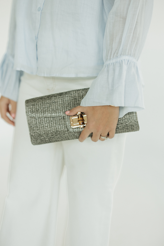 Pewter Raffia Clutch