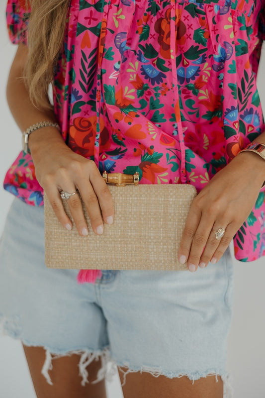 Grasscloth Wooden Handle Clutch