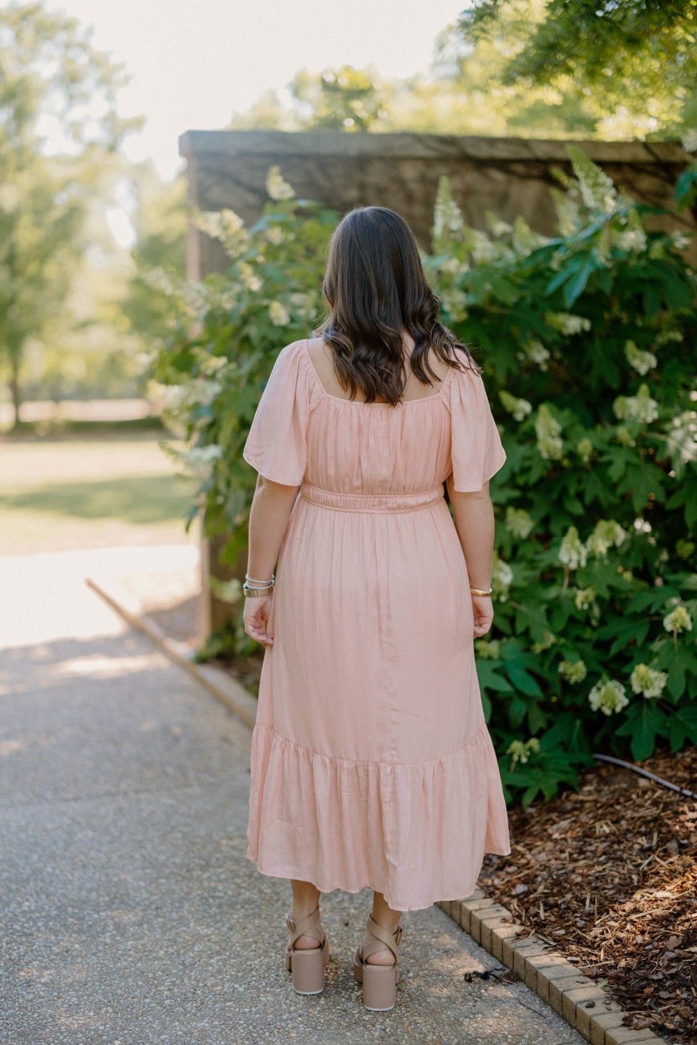 Princess Neckline Flutter Sleeve Midi Dress in Peach (S-3XL) – Studio 3:19 Princess Neckline Flutter Sleeve Midi Dress in Peach (S-3XL) – Studio 3:19