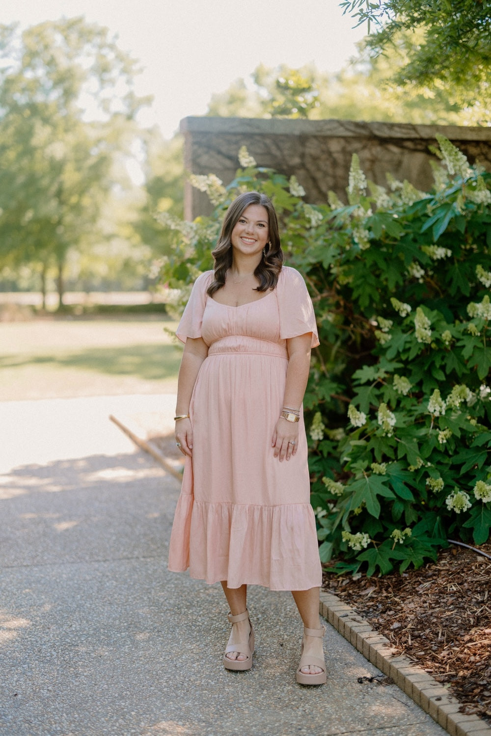 Princess Neckline Flutter Sleeve Midi Dress in Peach (S-3XL) – Studio 3:19 Princess Neckline Flutter Sleeve Midi Dress in Peach (S-3XL) – Studio 3:19