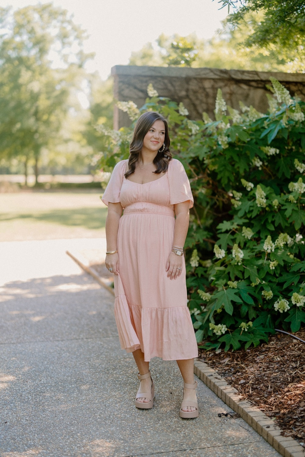 Princess Neckline Flutter Sleeve Midi Dress in Peach (S-3XL) – Studio 3:19