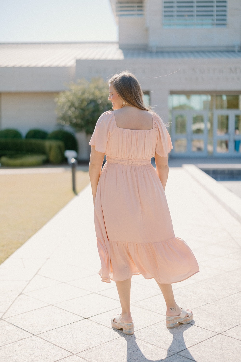 Princess Neckline Flutter Sleeve Midi Dress in Peach (S-3XL)