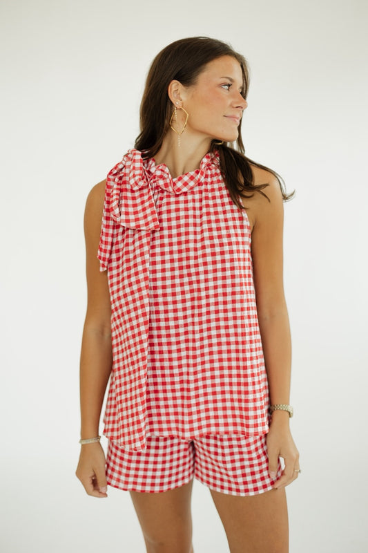 Bridget Red Gingham Tie Neck Top (S-3XL)
