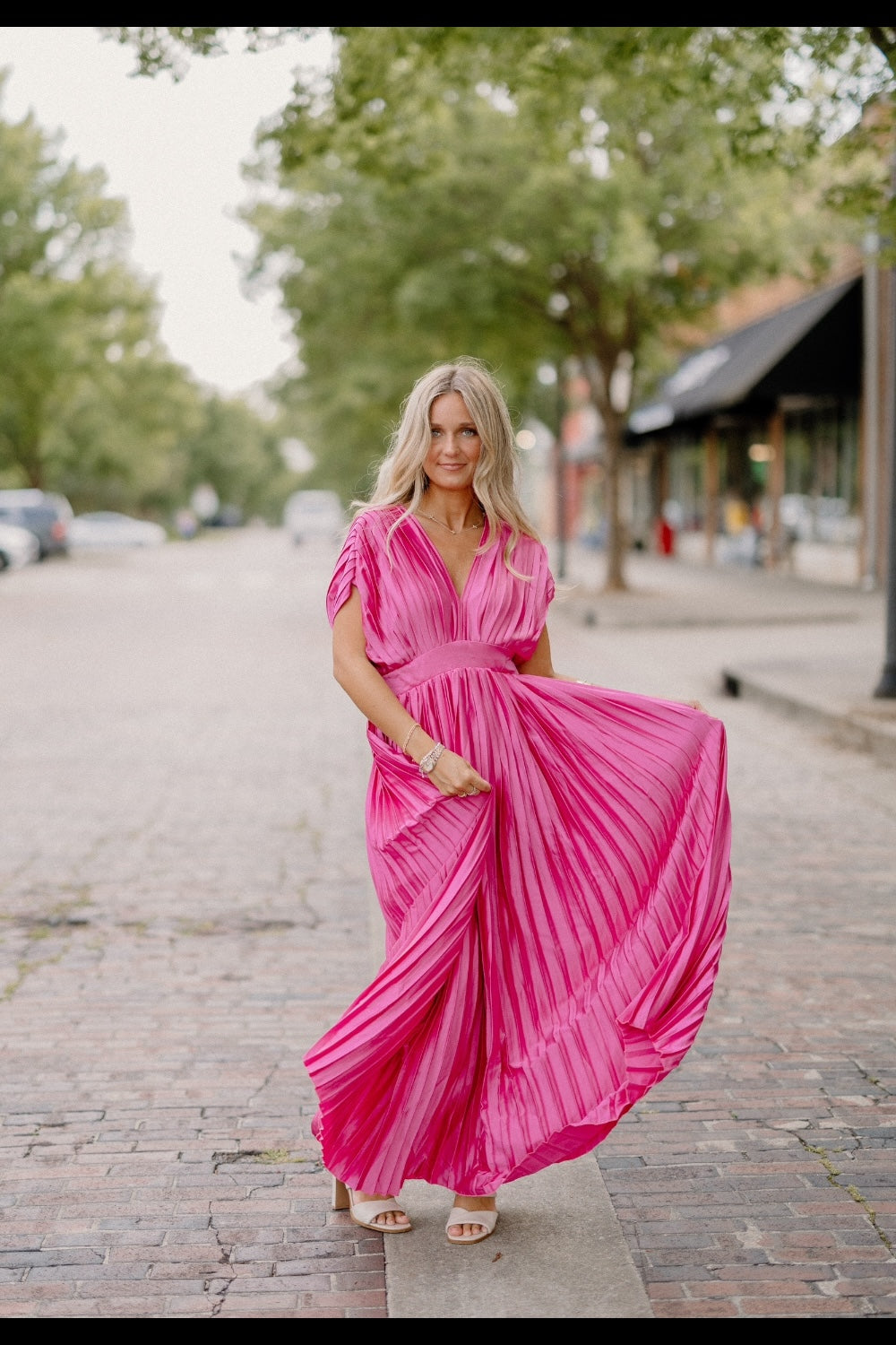 Hot pink satin maxi dress deals