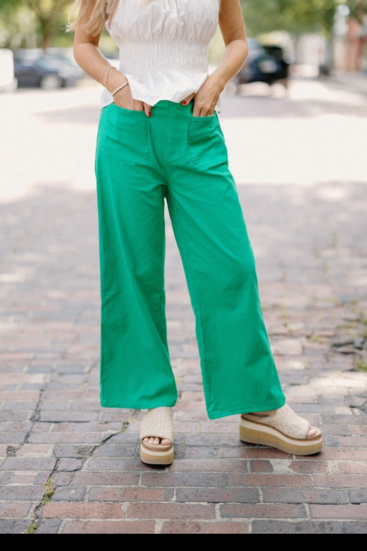 Kelly Green Double Pocket Wide Leg Jeans