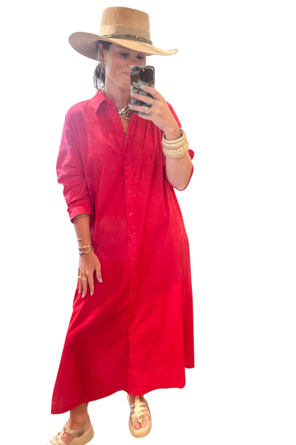 Regan Red Button Down Midi (S-3XL)