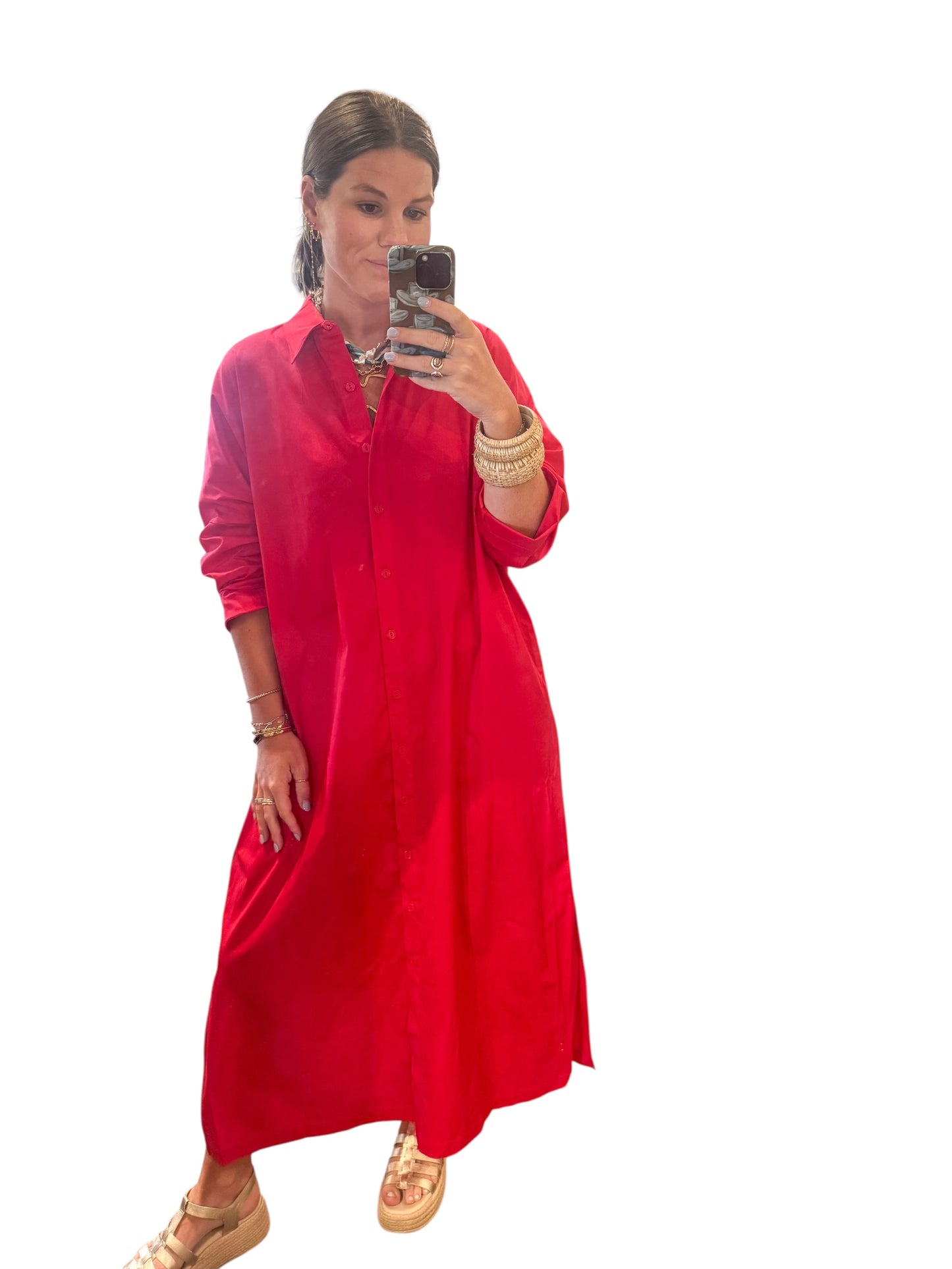 Regan Red Button Down Midi (S-3XL)