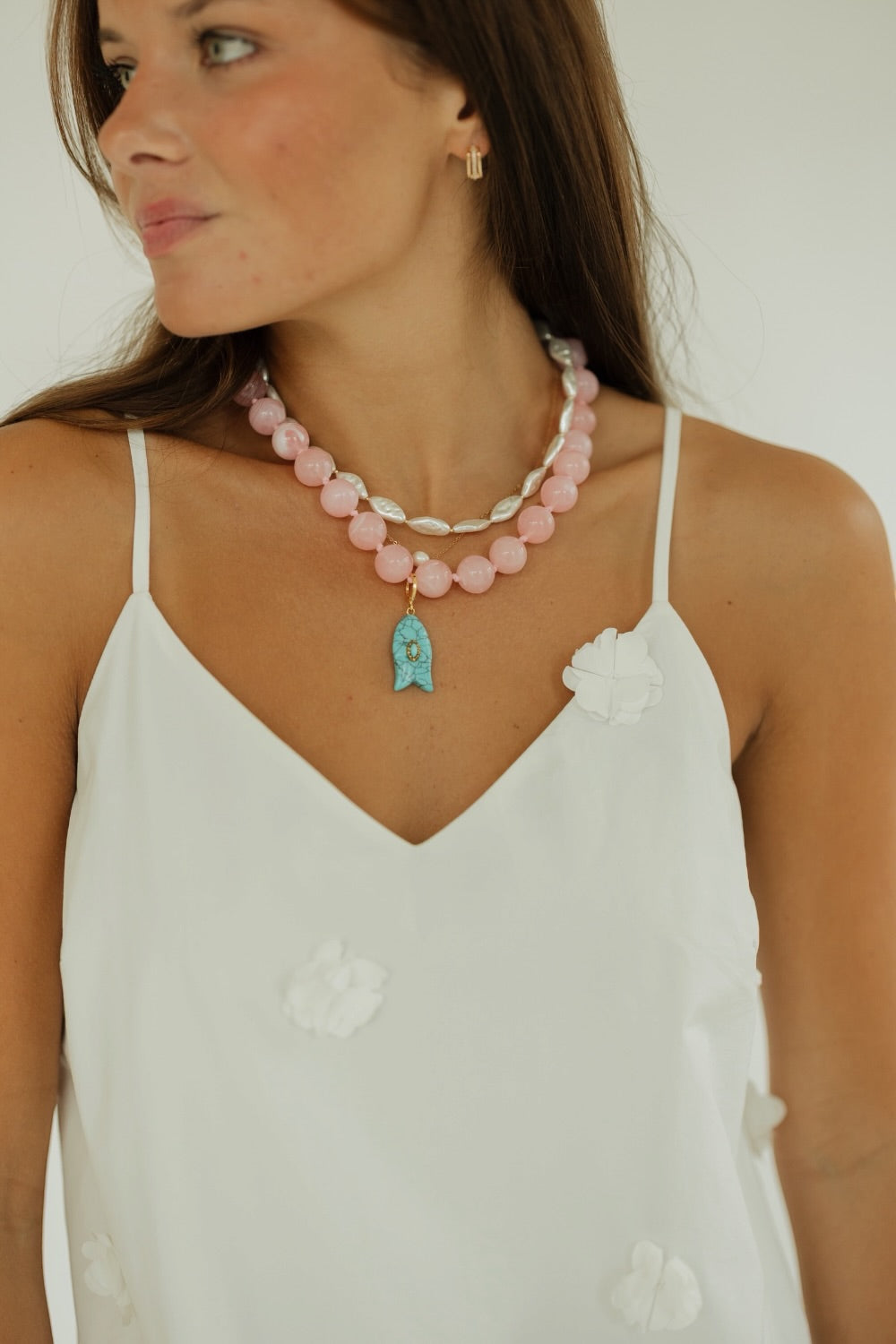 Kiawah Pink Beaded Fish Charm Necklace