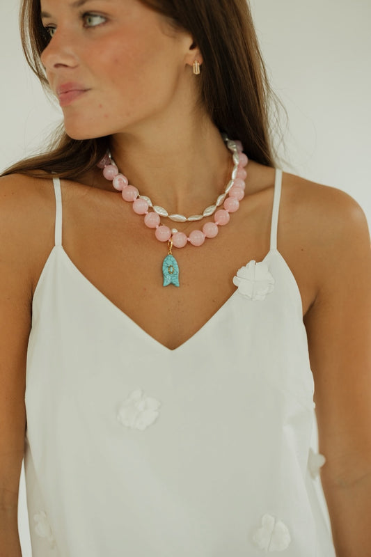 Kiawah Pink Beaded Fish Charm Necklace