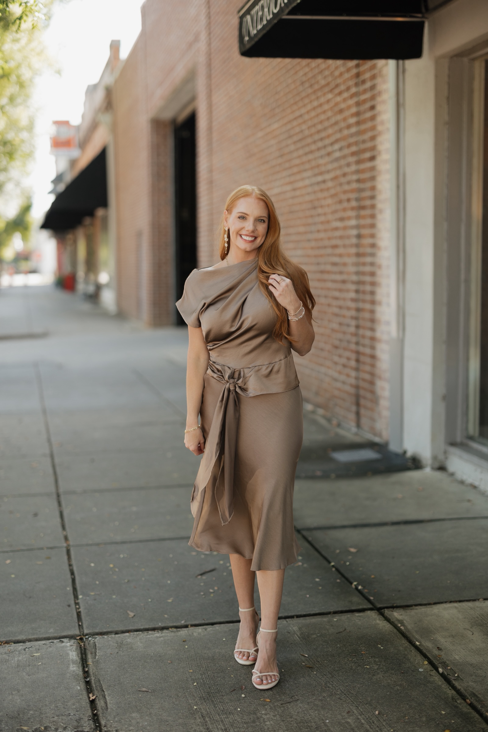 Twyla Mocha Satin Tie Waist Midi Dress