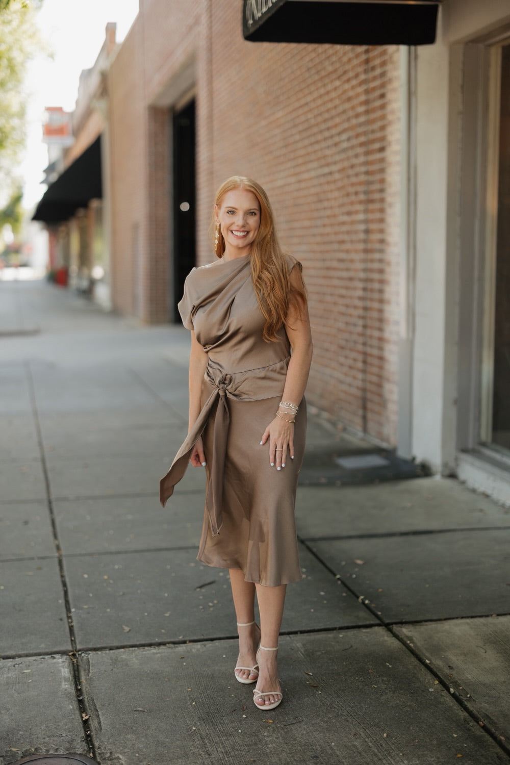 Twyla Mocha Satin Tie Waist Midi Dress