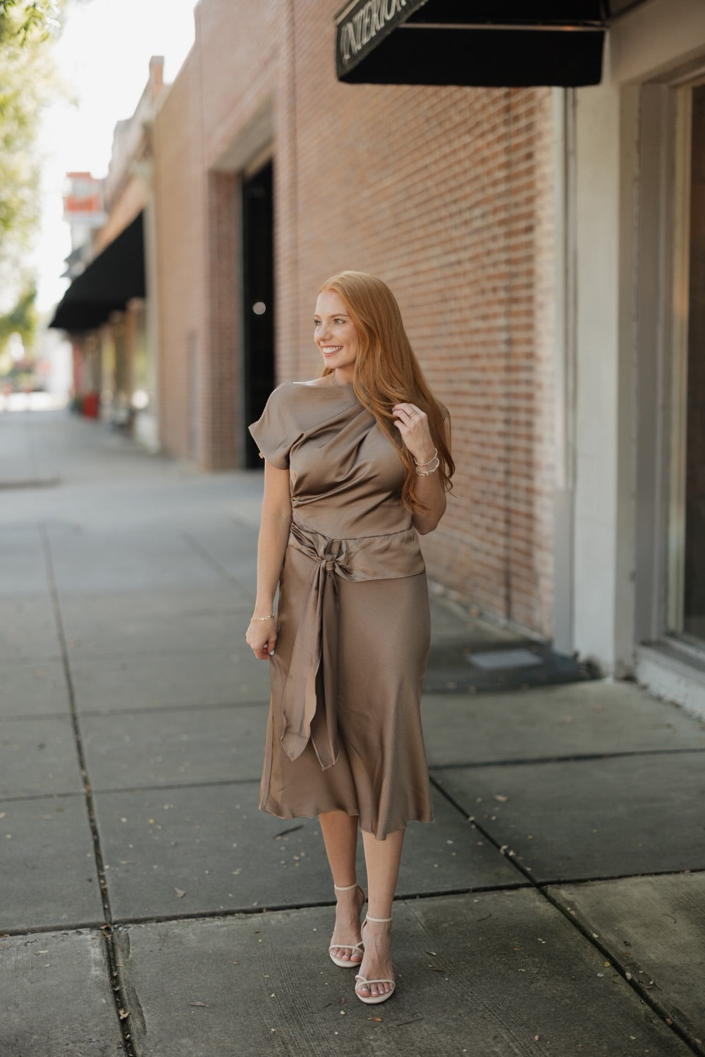 Twyla Mocha Satin Tie Waist Midi Dress
