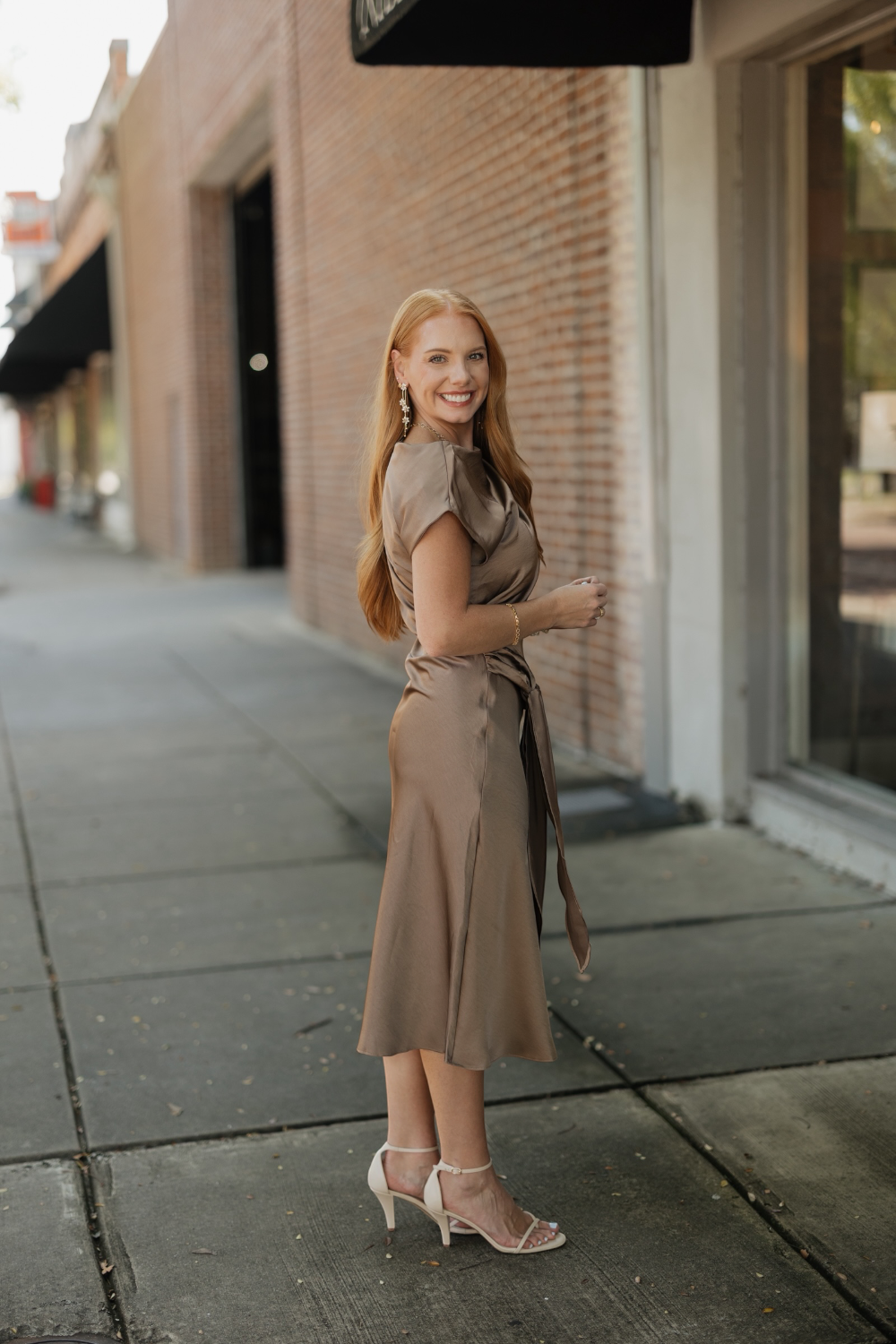 Twyla Mocha Satin Tie Waist Midi Dress