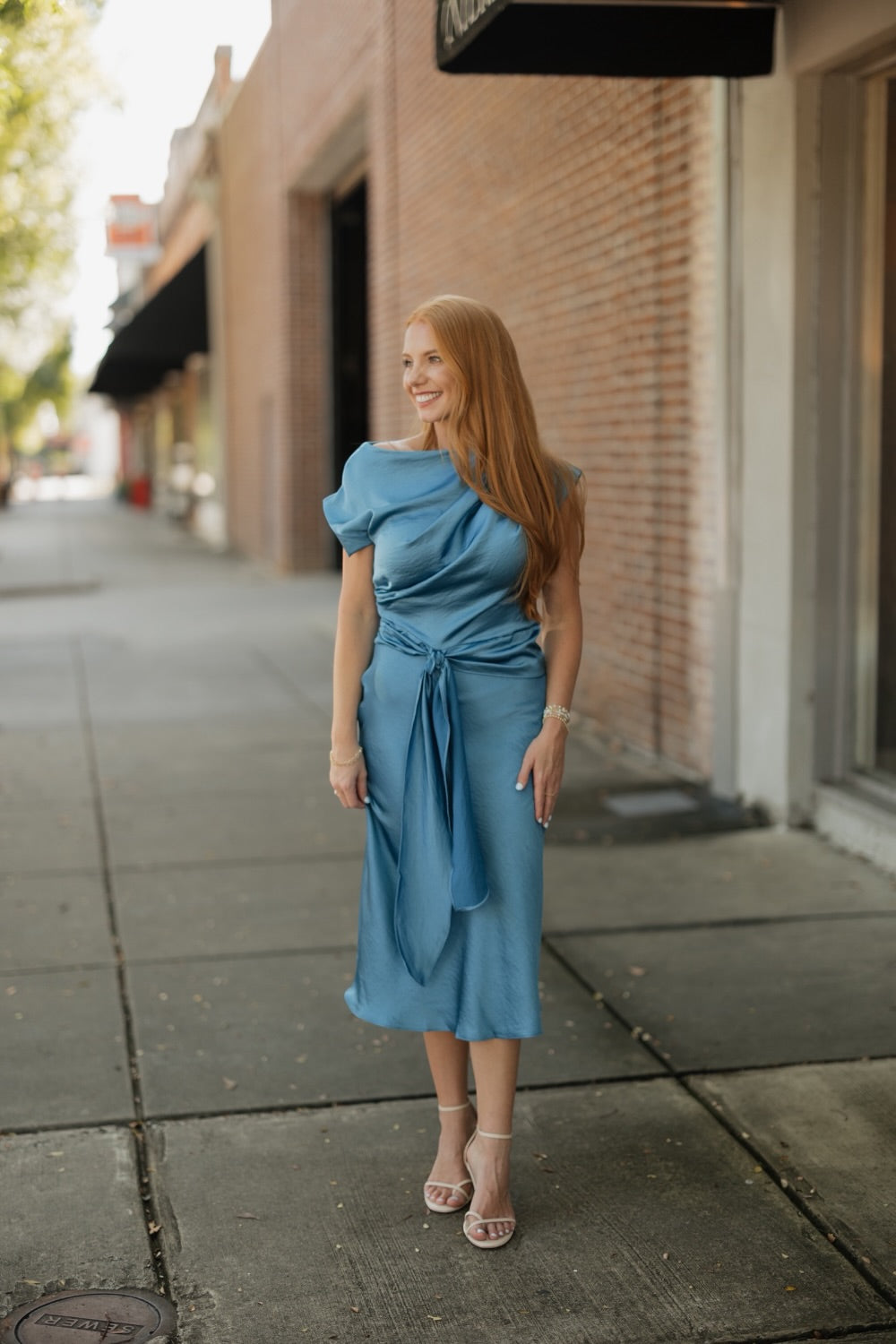 Twyla Blue Satin Tie Waist Midi Dress
